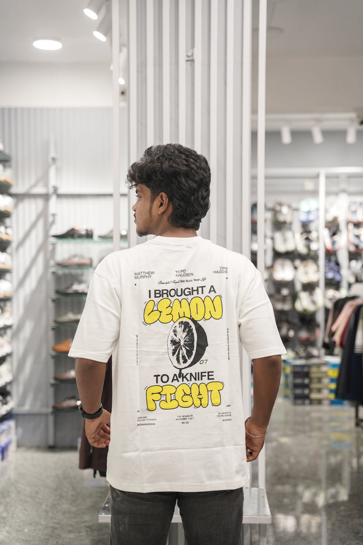 Five Sleeve Round Neck LEMON Printed Mens Tshirt - White-7 Man