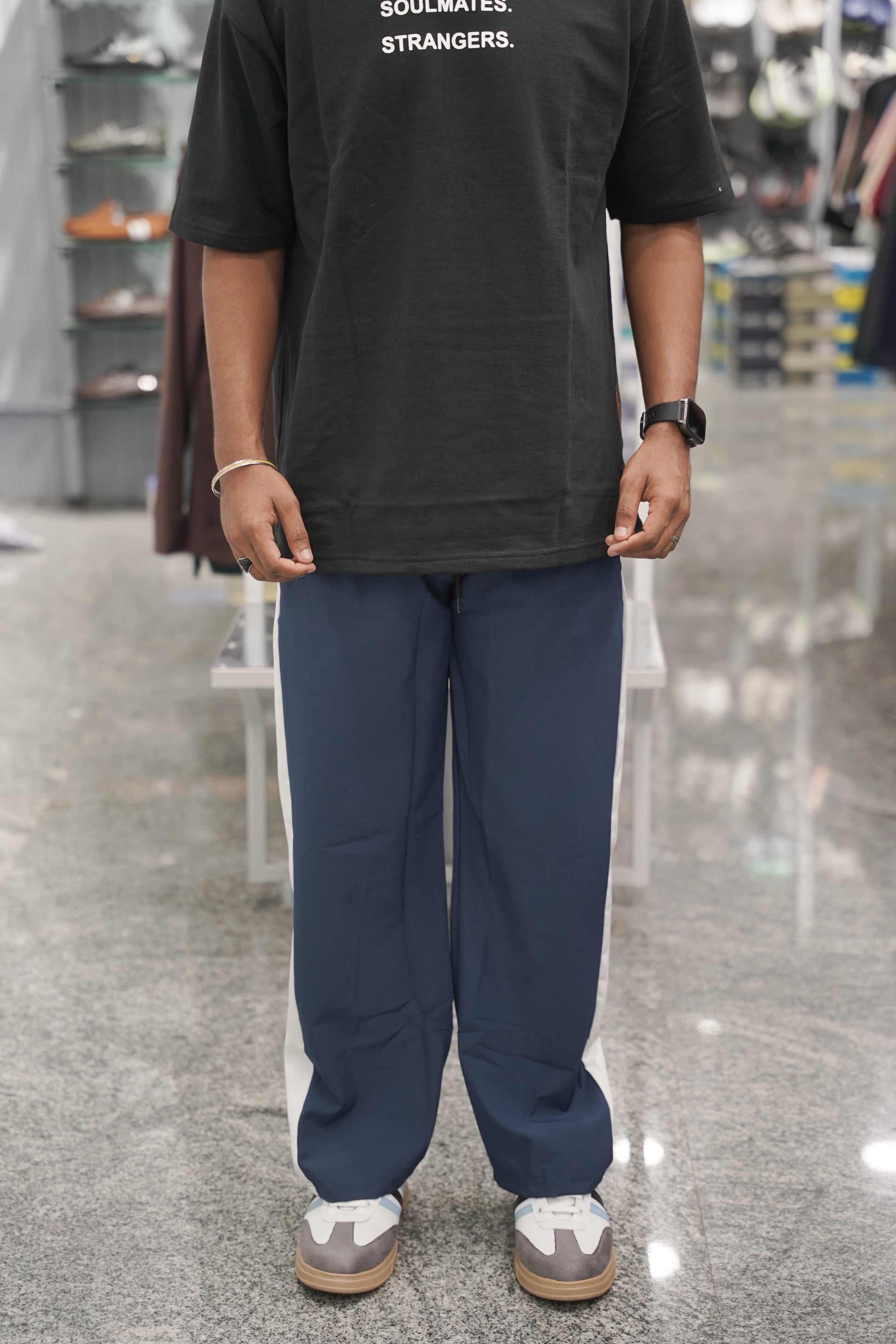 Men’s Street Baggy Pants with White Stripe - Navy Blue-7 Man
