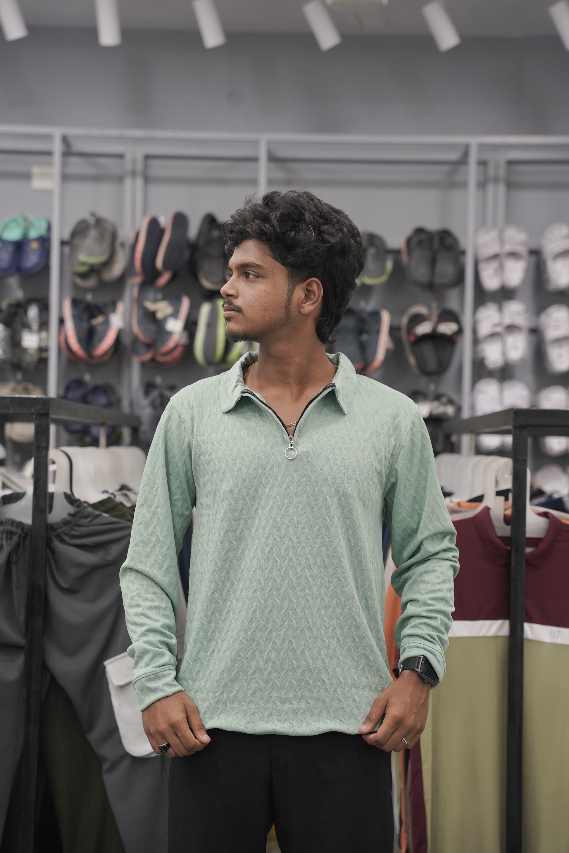 Men's Full Sleeve Casual Wear Textured Zipper Collar T- Shirt – Green-7 Man