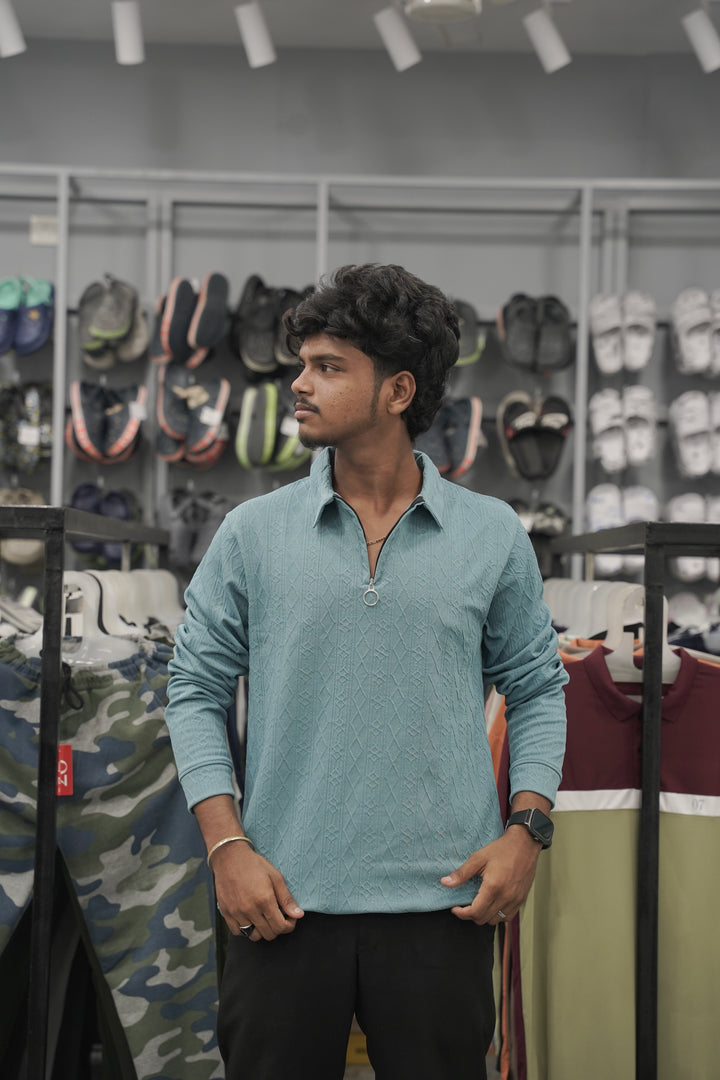 Full Sleeve Collar Neck Diamond Zipper T-Shirt for Men - Blue