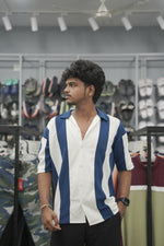 Load image into Gallery viewer, Mens Daily Wear Big Stripes Five Sleeve Lycra Shirt - White and Blue-7 Man
