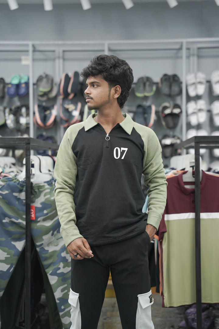Full Sleeve Collar Neck Zipper Korean 07 Tshirt for Men - Black-7 Man