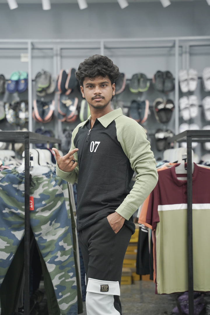 Full Sleeve Collar Neck Zipper Korean 07 Tshirt for Men - Black-7 Man