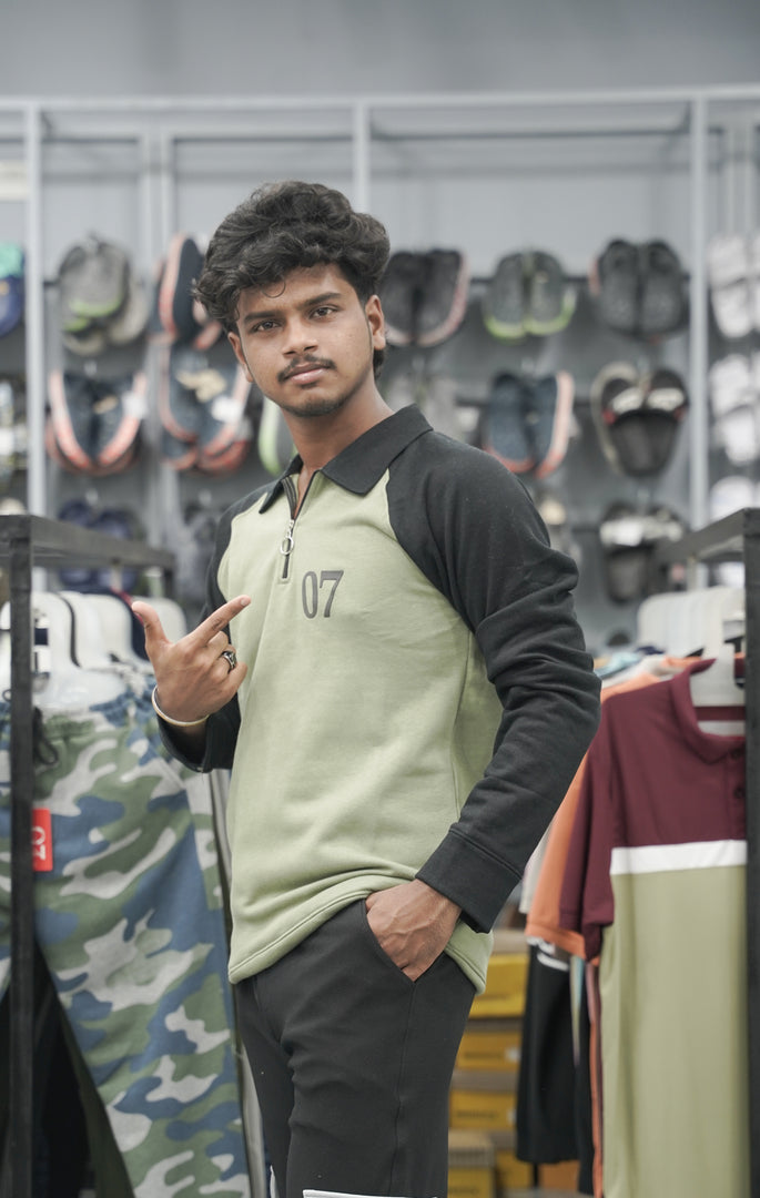 Full Sleeve Collar Neck Zipper Korean 07 Tshirt for Men - Pista Green
