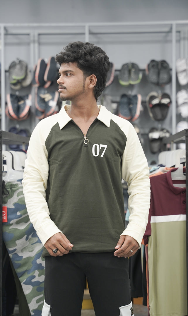 Full Sleeve Collar Neck Zipper Korean 07 Tshirt for Men - Mehandi Green