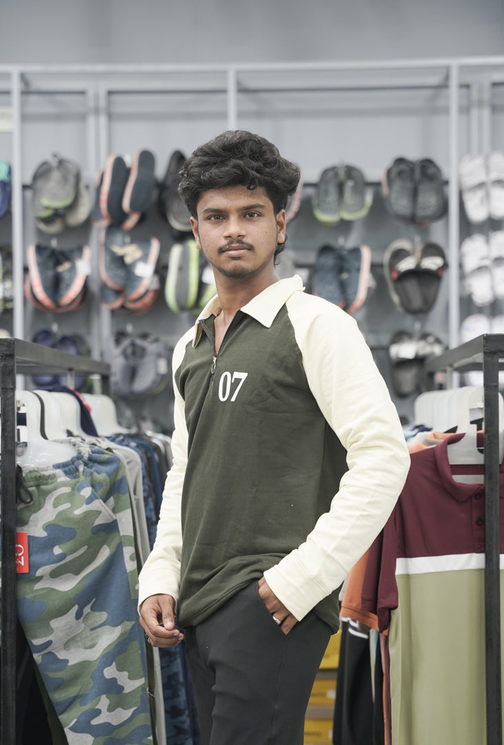 Full Sleeve Collar Neck Zipper Korean 07 Tshirt for Men - Mehandi Green