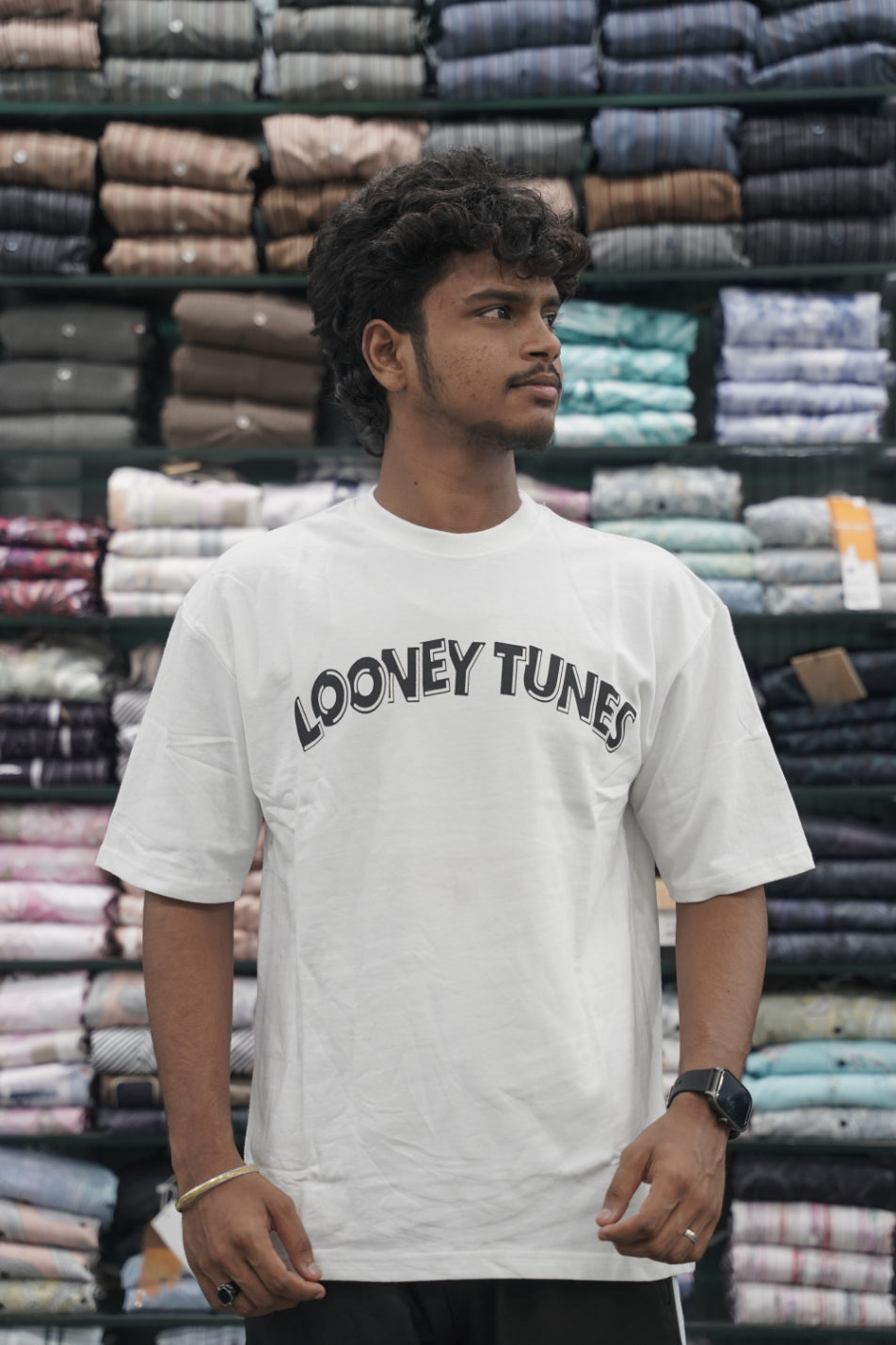 Mens Five Sleeve Back Printed LOONEY Oversize T-Shirt - White