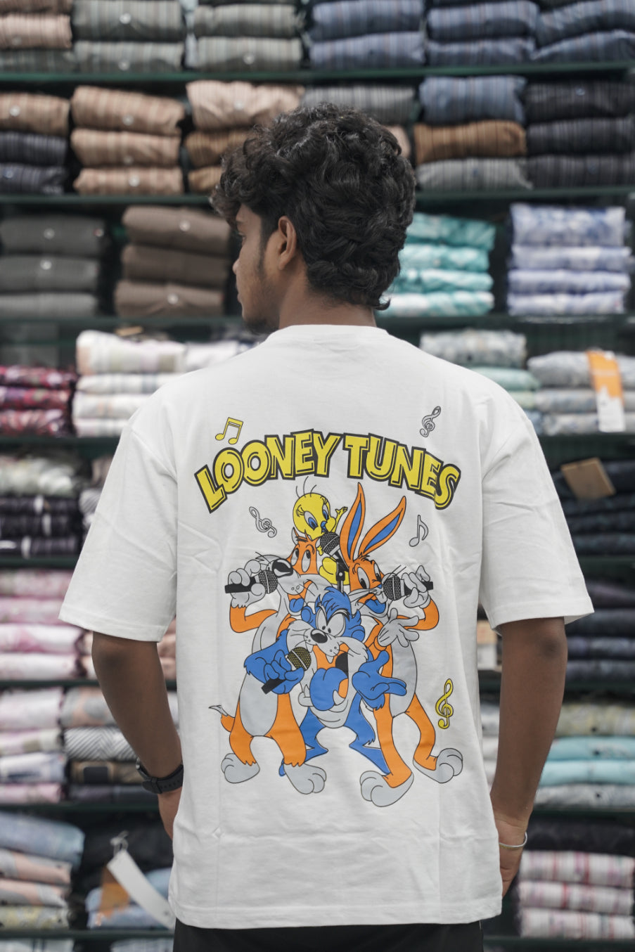 Mens Five Sleeve Back Printed LOONEY Oversize T-Shirt - White