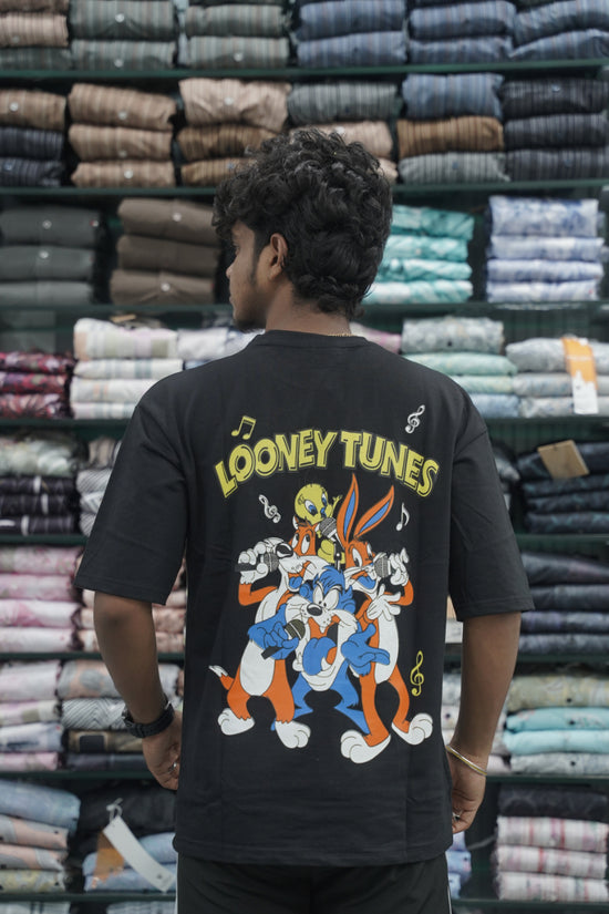 Mens Five Sleeve Back Printed LOONEY Oversize T-Shirt - Black