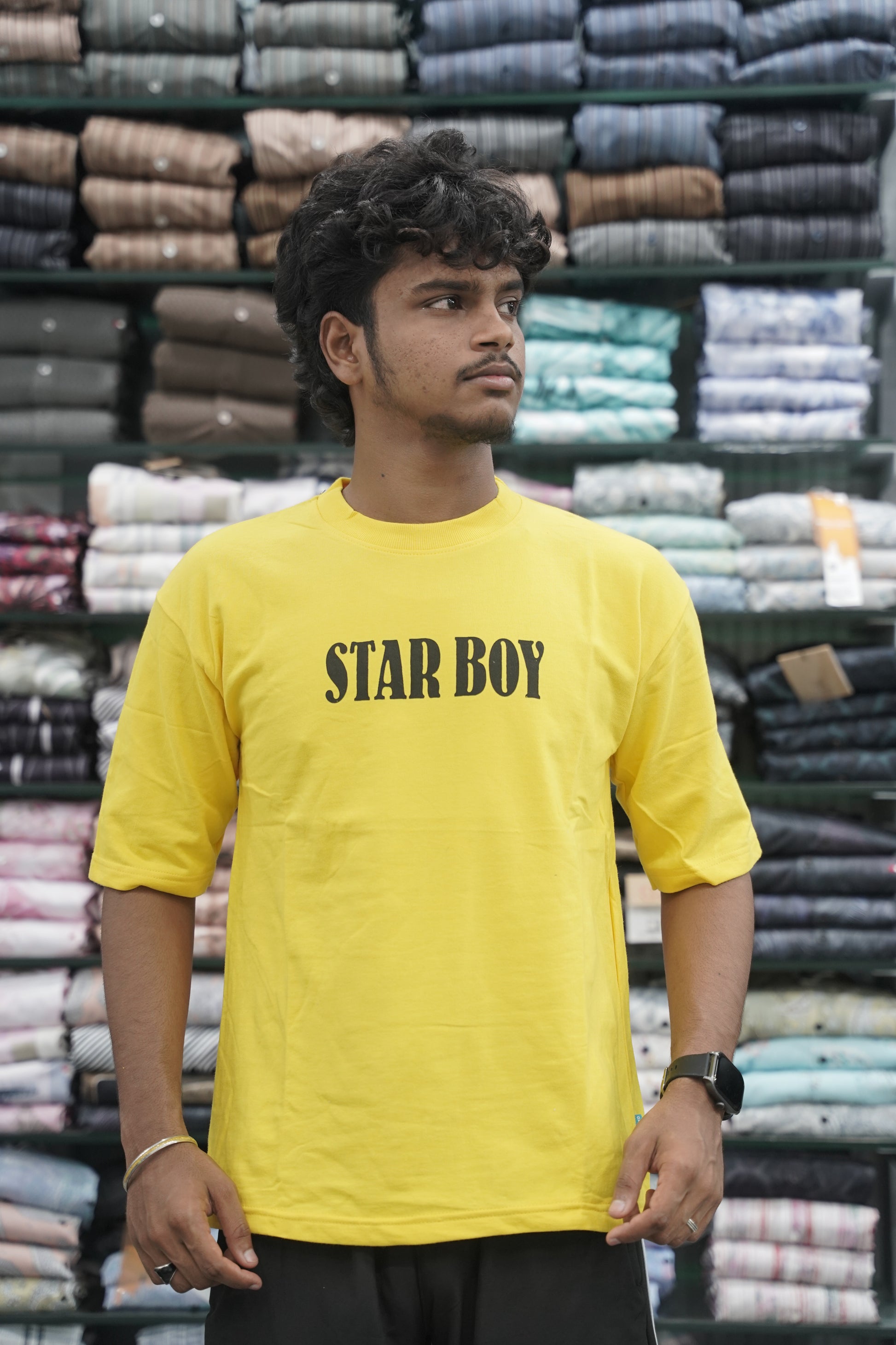 Mens Five Sleeve STAR BOY Back Printed Oversize T-Shirt - Yellow-7 Man
