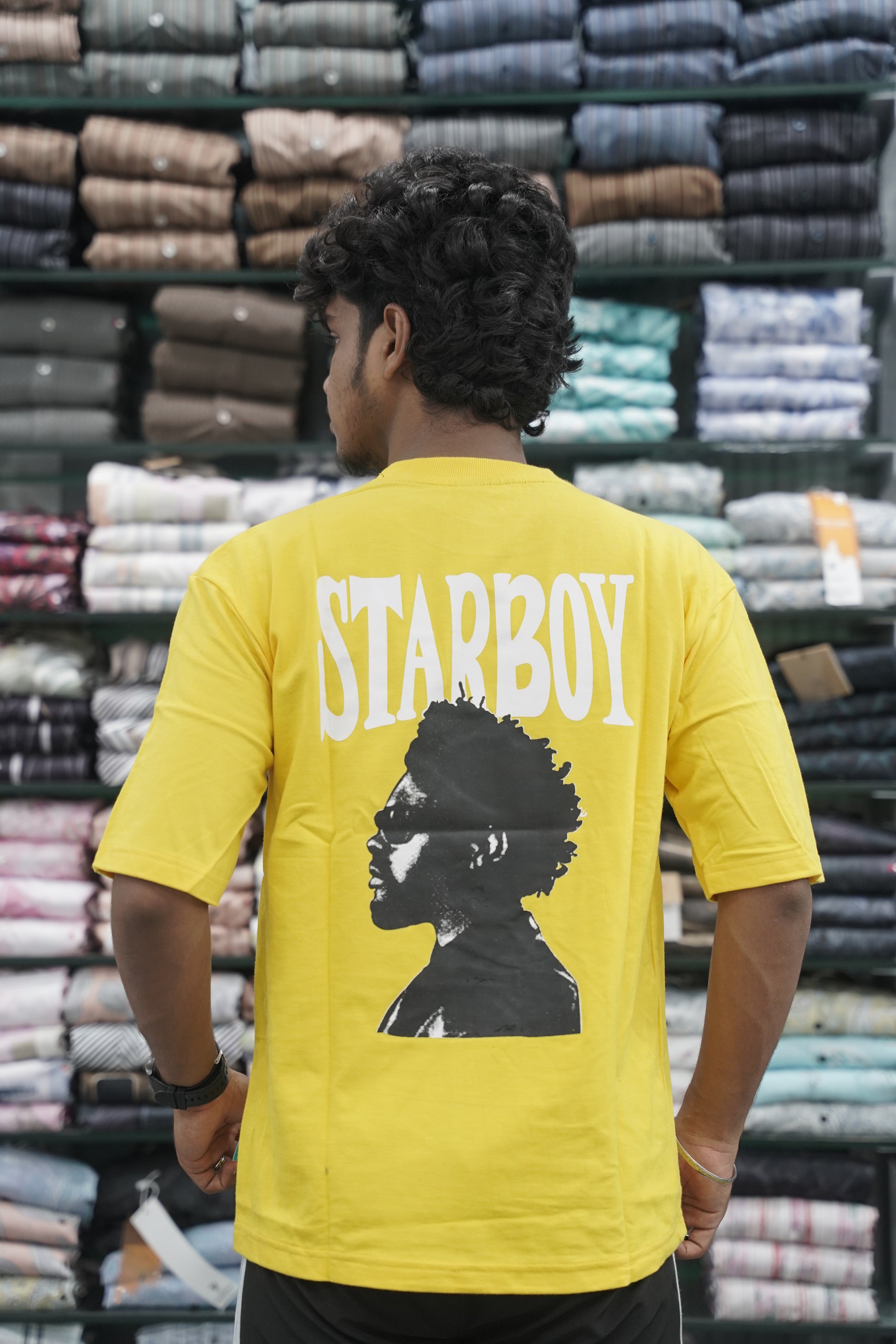 Mens Five Sleeve STAR BOY Back Printed Oversize T-Shirt - Yellow-7 Man