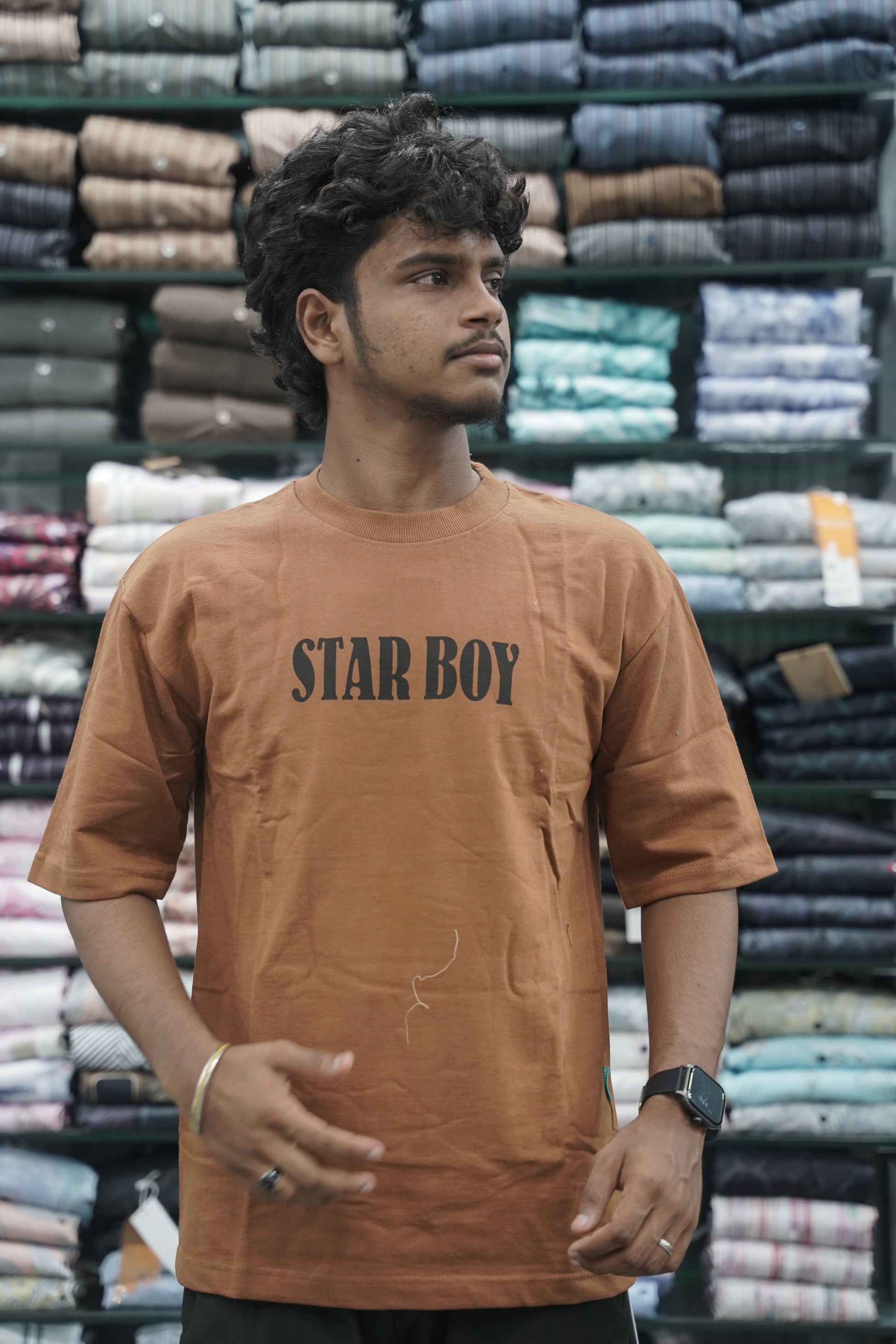Mens Five Sleeve STAR BOY Back Printed Oversize T-Shirt - Brown-7 Man