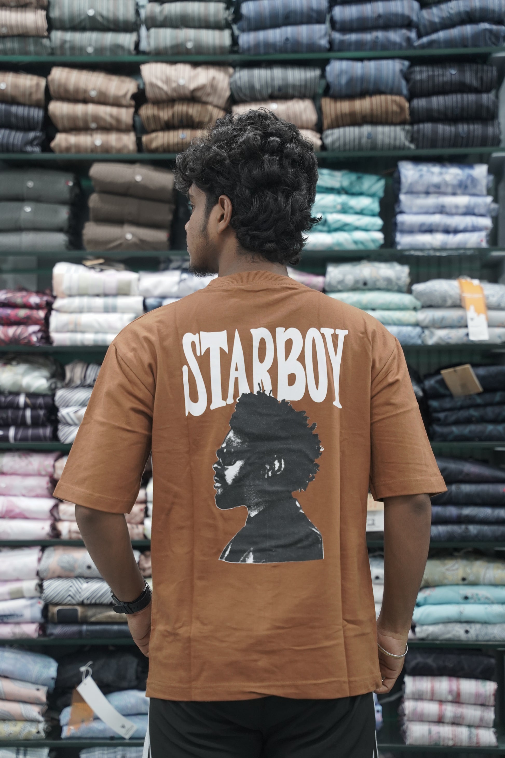 Mens Five Sleeve STAR BOY Back Printed Oversize T-Shirt - Brown-7 Man