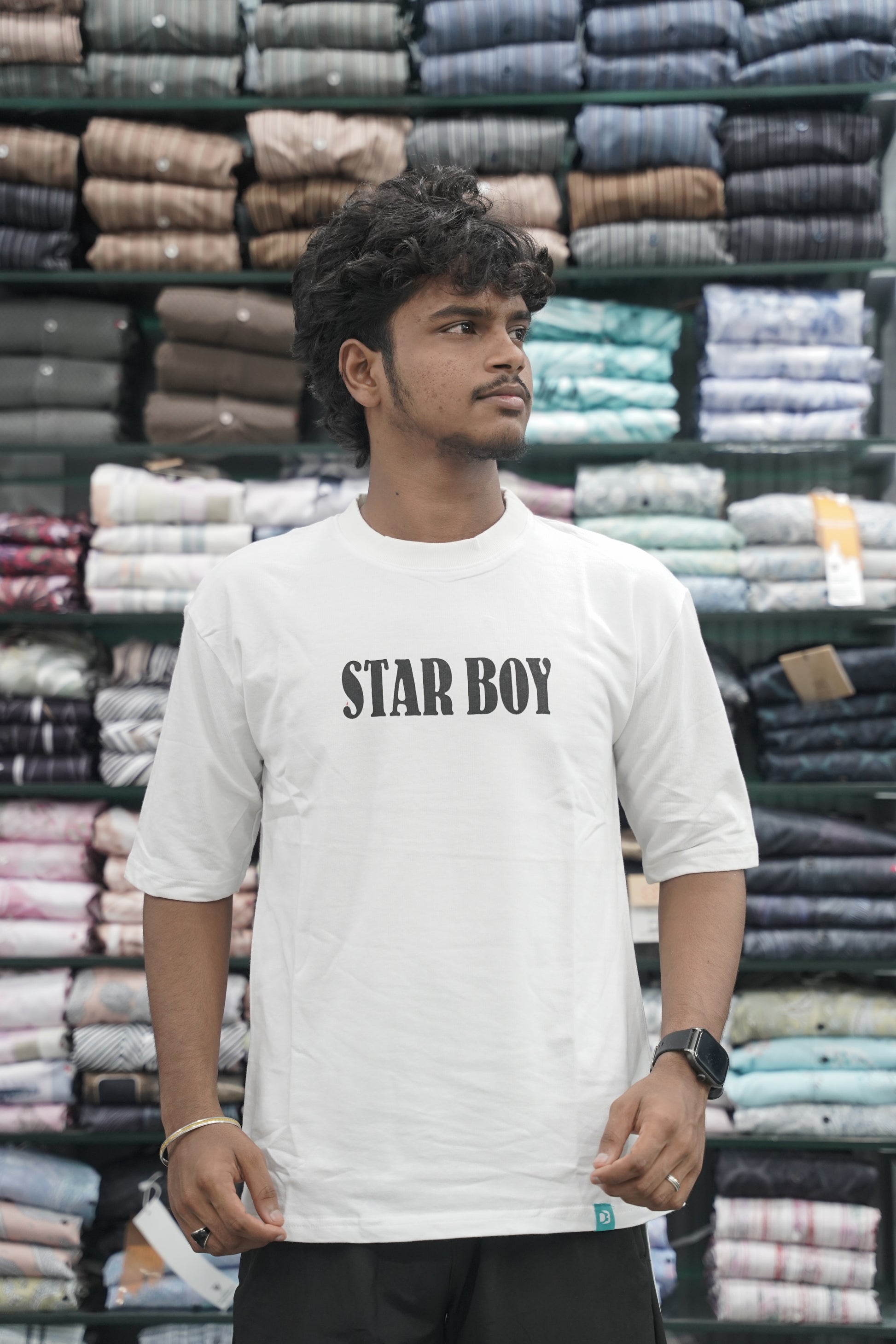 Mens Five Sleeve STAR BOY Back Printed Oversize T-Shirt - White-7 Man