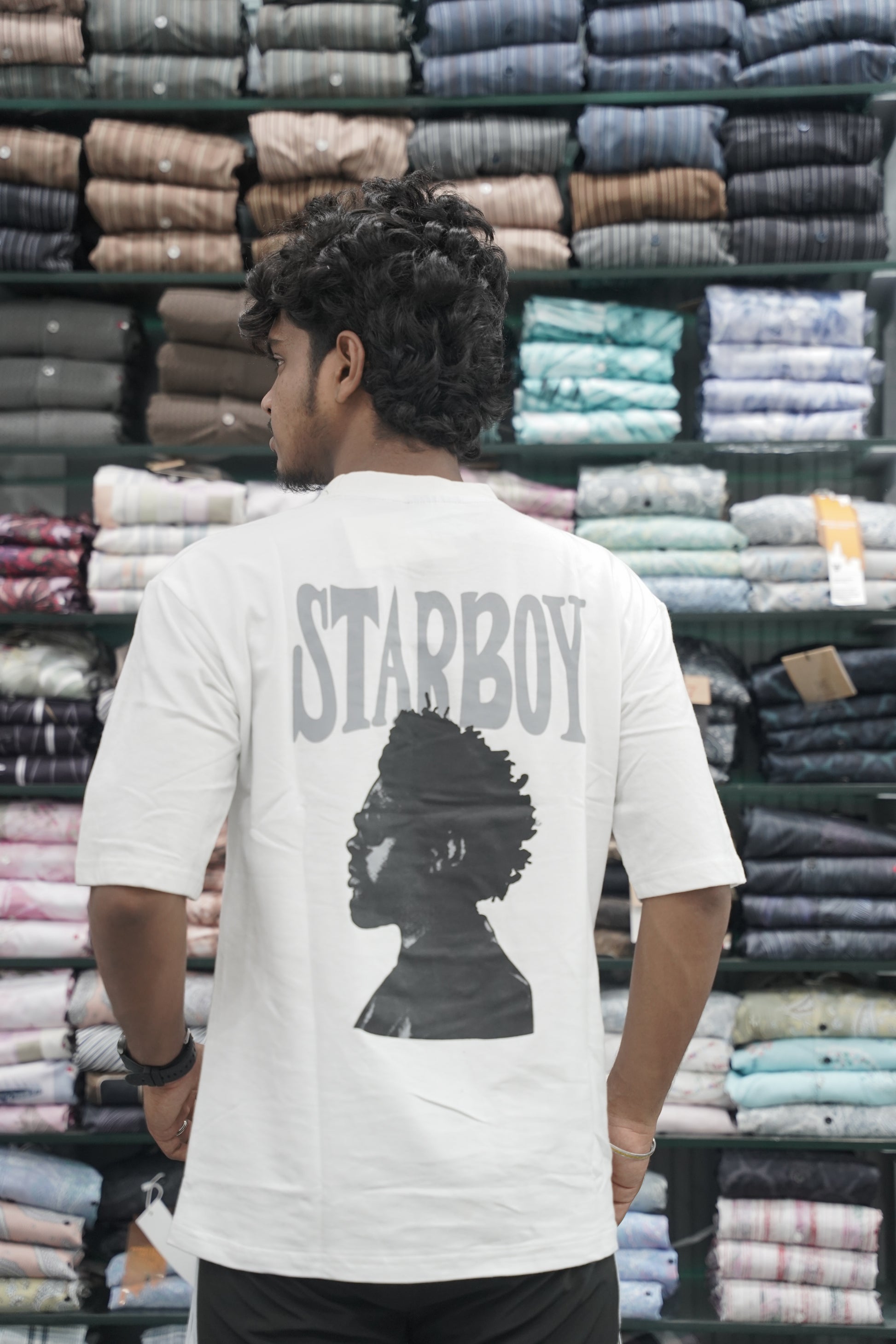 Mens Five Sleeve STAR BOY Back Printed Oversize T-Shirt - White-7 Man