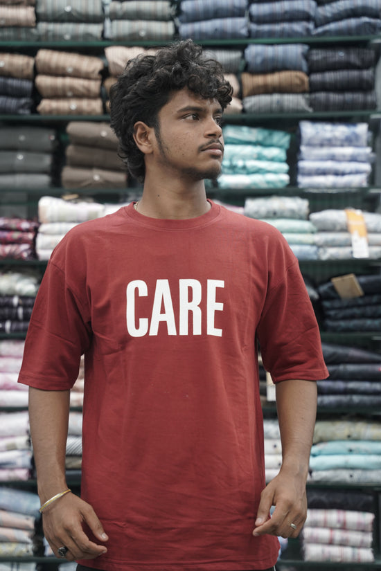Mens Five Sleeve Back Printed CARE Oversize T-Shirt - Maroon