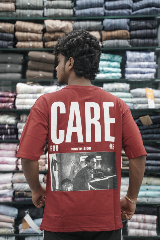Mens Five Sleeve Back Printed CARE Oversize T-Shirt - Maroon