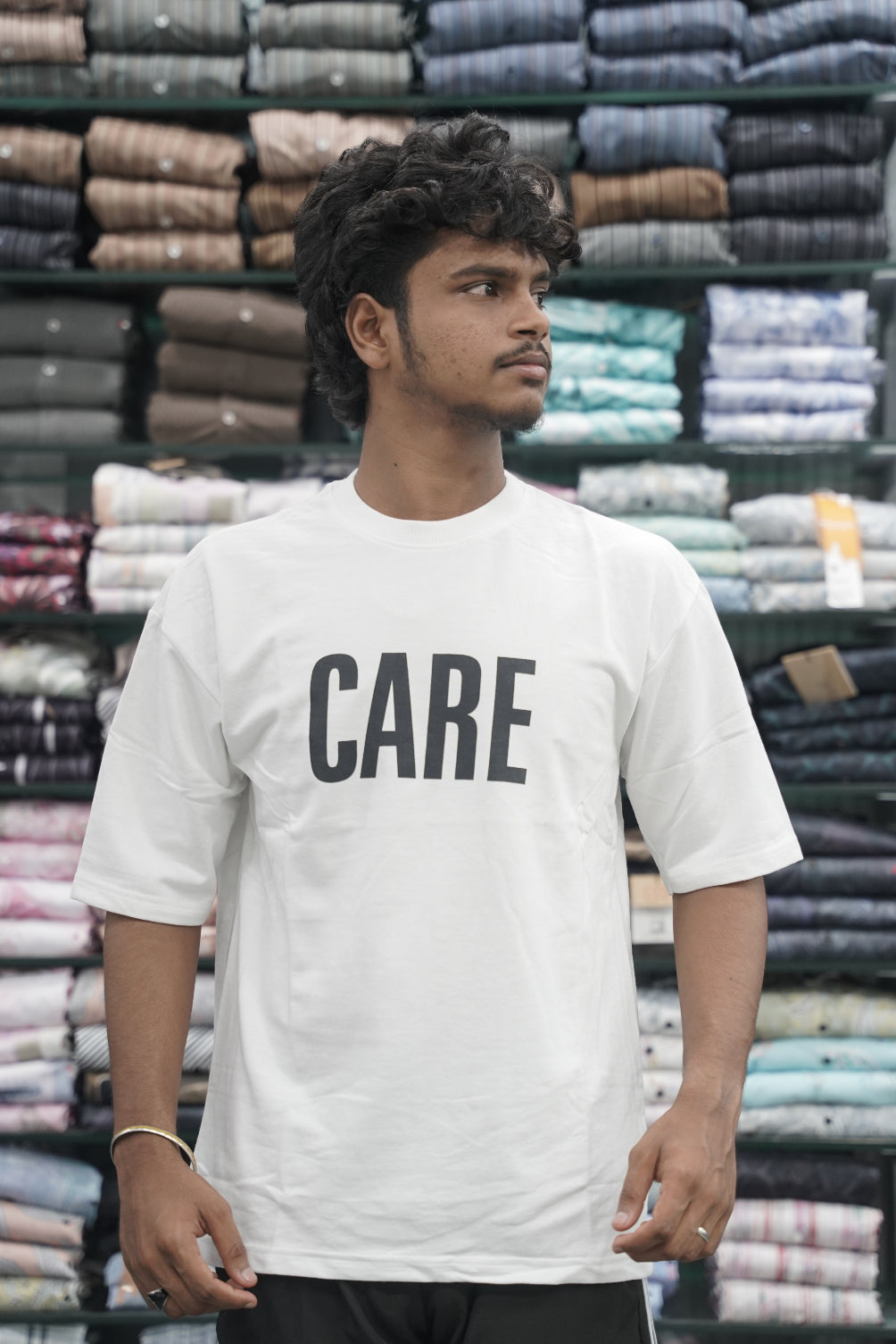 Mens Five Sleeve Back Printed CARE Oversize T-Shirt -White