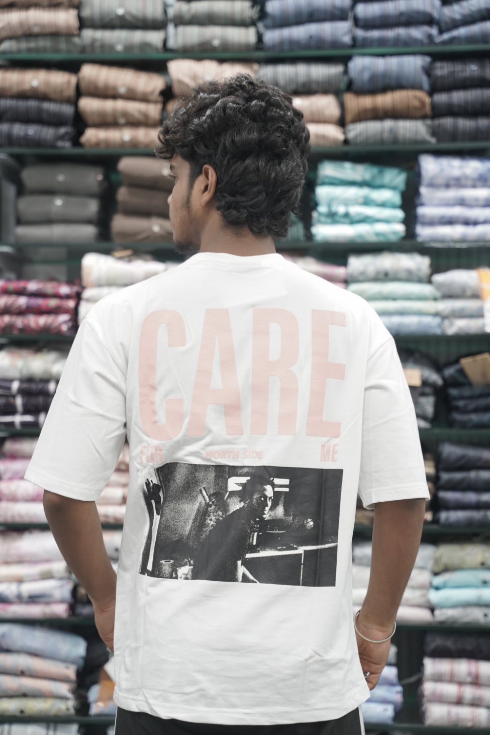 Mens Five Sleeve Back Printed CARE Oversize T-Shirt -White