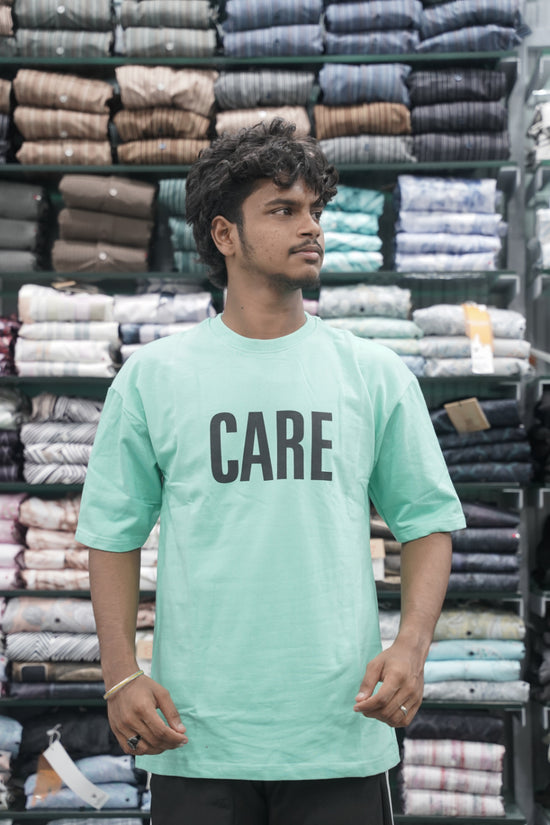 Mens Five Sleeve Back Printed CARE Oversize T-Shirt - Pista Green