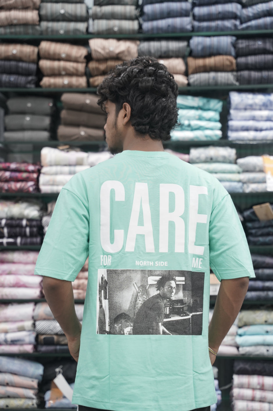 Mens Five Sleeve Back Printed CARE Oversize T-Shirt - Pista Green