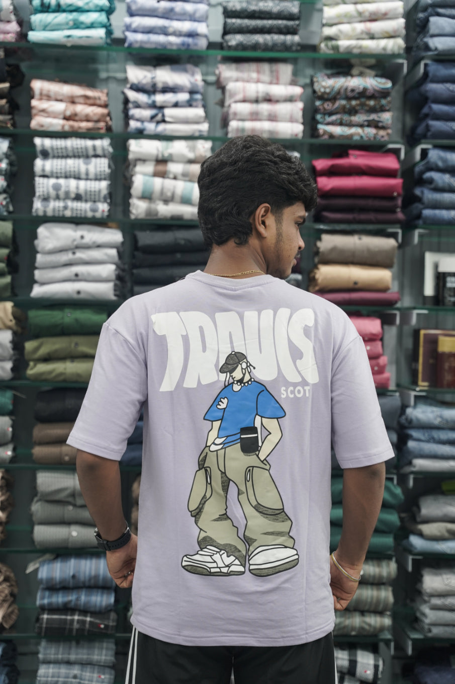 Mens Five Sleeve TRAUIS Back Printed Oversize T-Shirt - Lavender