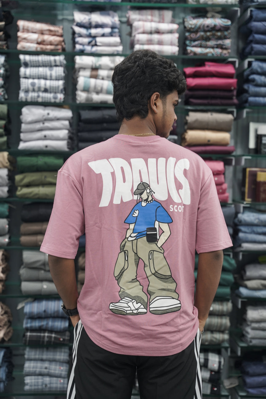 Mens Five Sleeve TRAUIS Back Printed Oversize T-Shirt - Pink