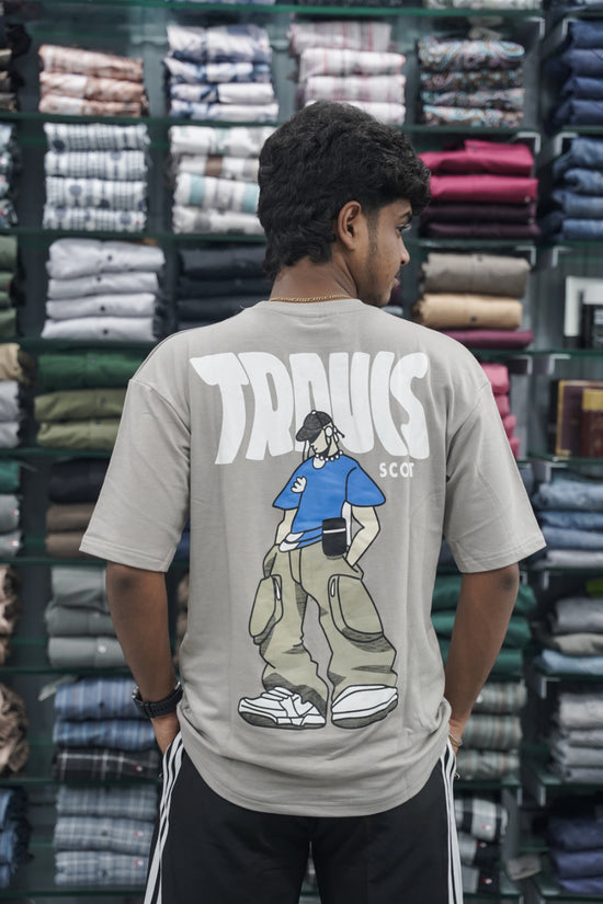 Mens Five Sleeve TRAUIS Back Printed Oversize T-Shirt - Ash