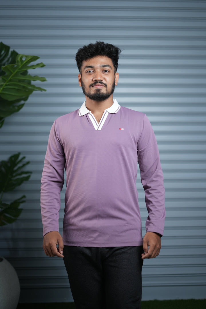 Long Sleeve Collar BORDER  Neck Polo T-Shirt for Men | Trendy Casual Outfit - Lavender