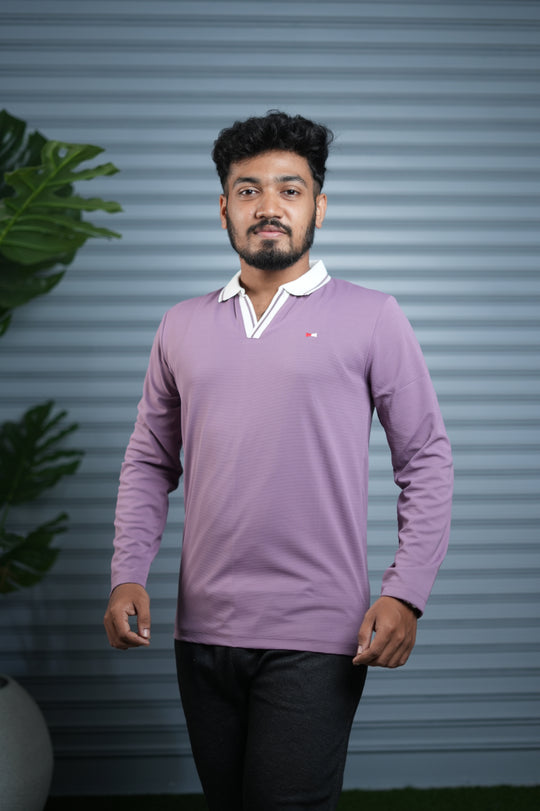 Long Sleeve Collar BORDER  Neck Polo T-Shirt for Men | Trendy Casual Outfit - Lavender – alternate view – 7MAN India
