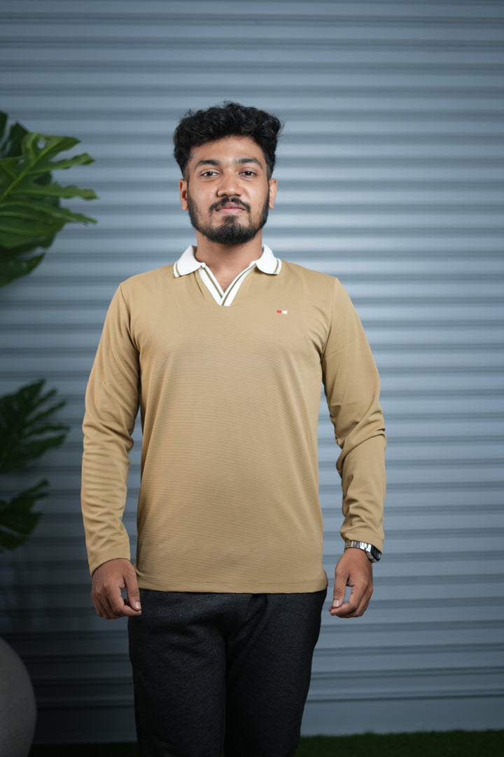 Long Sleeve Collar BORDER  Neck Polo T-Shirt for Men | Trendy Casual Outfit - Brown