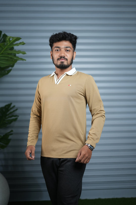 Long Sleeve Collar BORDER  Neck Polo T-Shirt for Men | Trendy Casual Outfit - Brown – alternate view – 7MAN India