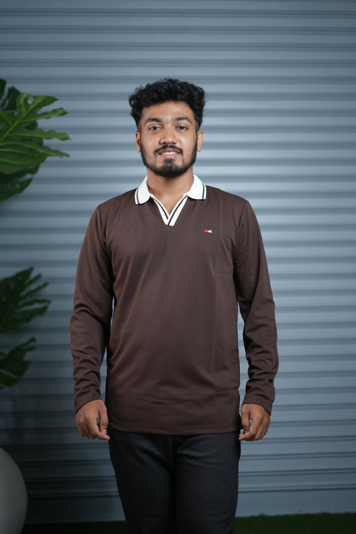 Long Sleeve Collar BORDER  Neck Polo T-Shirt for Men | Trendy Casual Outfit - Chocolate Brown