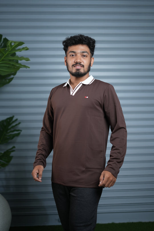 Long Sleeve Collar BORDER  Neck Polo T-Shirt for Men | Trendy Casual Outfit - Chocolate Brown – alternate view – 7MAN India