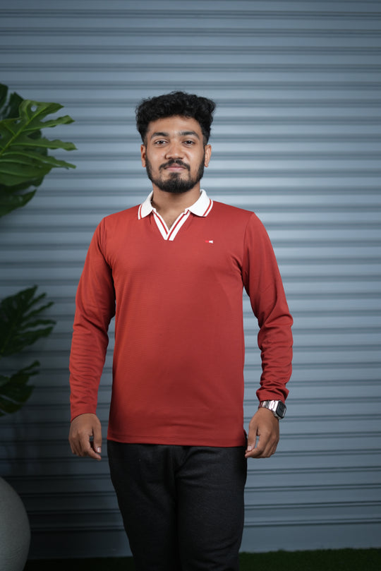 Long Sleeve Collar BORDER  Neck Polo T-Shirt for Men | Trendy Casual Outfit - Red – 7MAN Men's Fashion India