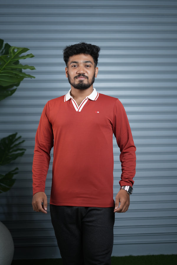 Long Sleeve Collar BORDER  Neck Polo T-Shirt for Men | Trendy Casual Outfit - Red