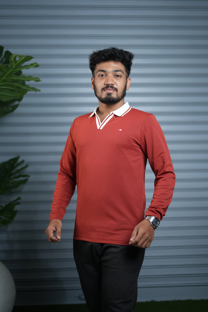 Long Sleeve Collar BORDER  Neck Polo T-Shirt for Men | Trendy Casual Outfit - Red