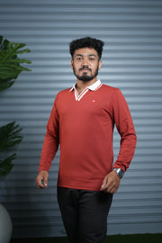 Long Sleeve Collar BORDER  Neck Polo T-Shirt for Men | Trendy Casual Outfit - Red