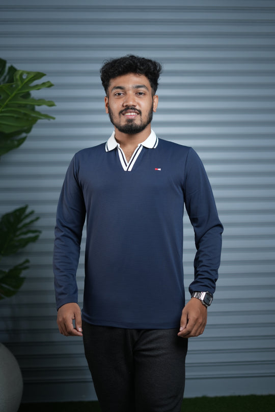 Long Sleeve Collar BORDER  Neck Polo T-Shirt for Men | Trendy Casual Outfit - Navy Blue – 7MAN Men's Fashion India