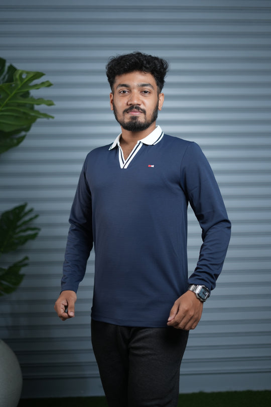 Long Sleeve Collar BORDER  Neck Polo T-Shirt for Men | Trendy Casual Outfit - Navy Blue – alternate view – 7MAN India