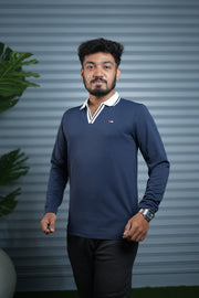 Long Sleeve Collar BORDER  Neck Polo T-Shirt for Men | Trendy Casual Outfit - Navy Blue