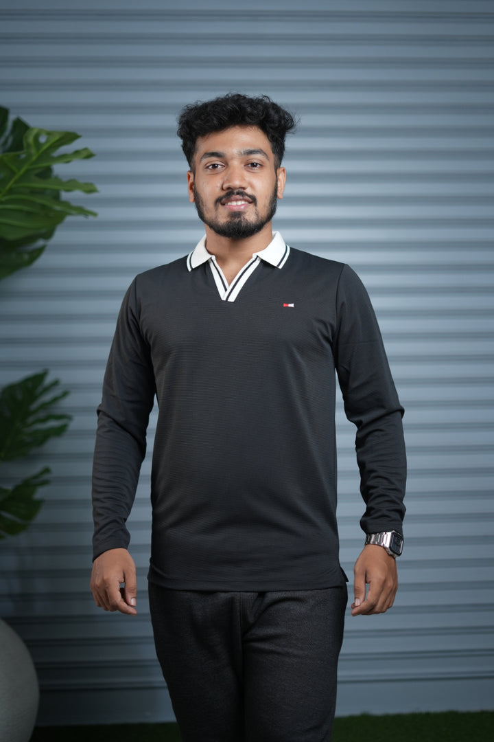 Long Sleeve Collar BORDER  Neck Polo T-Shirt for Men | Trendy Casual Outfit - Black