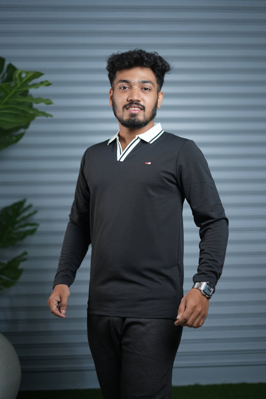 Long Sleeve Collar BORDER  Neck Polo T-Shirt for Men | Trendy Casual Outfit - Black – alternate view – 7MAN India