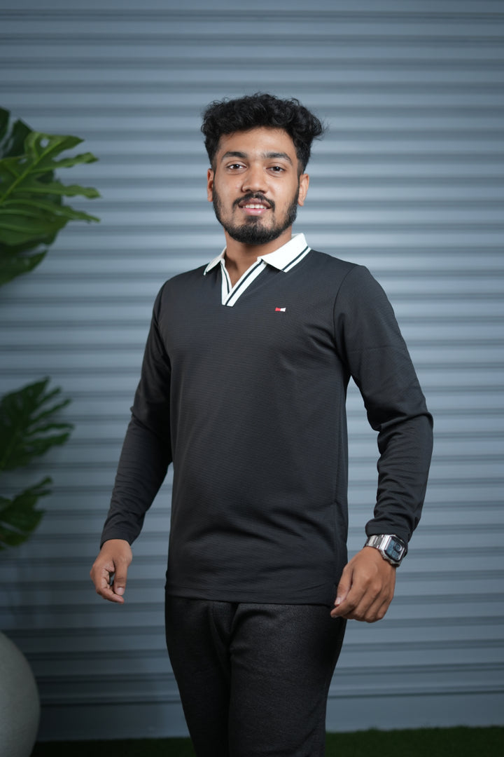Long Sleeve Collar BORDER  Neck Polo T-Shirt for Men | Trendy Casual Outfit - Black