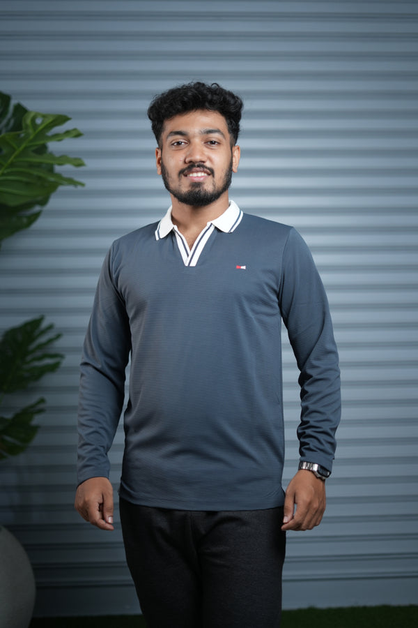 Long Sleeve Collar BORDER  Neck Polo T-Shirt for Men | Trendy Casual Outfit - Grey
