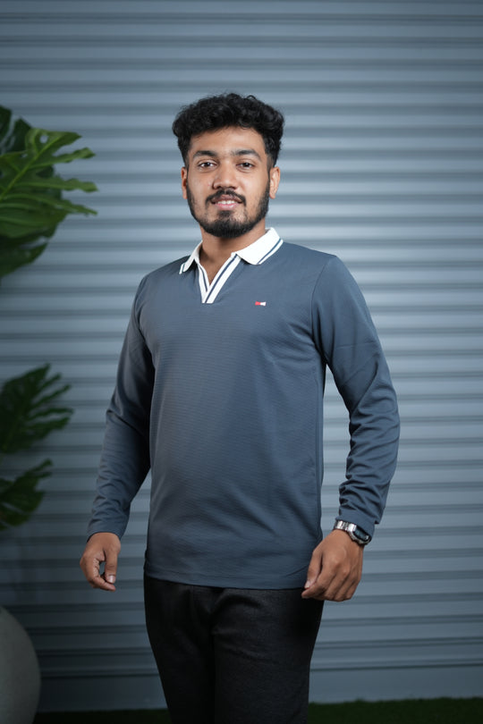 Long Sleeve Collar BORDER  Neck Polo T-Shirt for Men | Trendy Casual Outfit - Grey – alternate view – 7MAN India