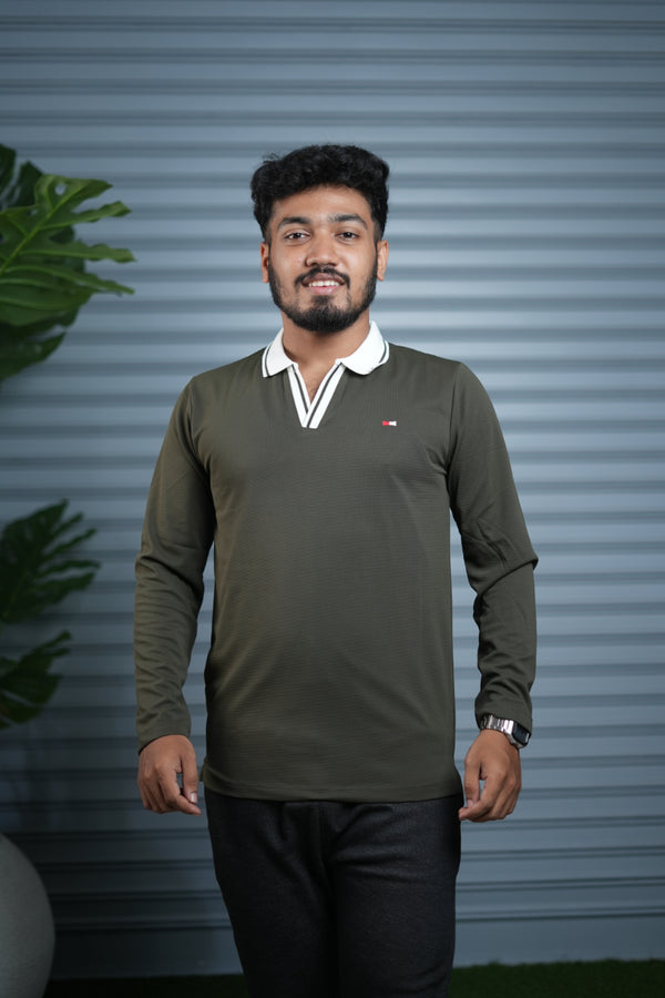 Long Sleeve Collar BORDER Neck Polo T-Shirt for Men | Trendy Casual Outfit - mehendi green