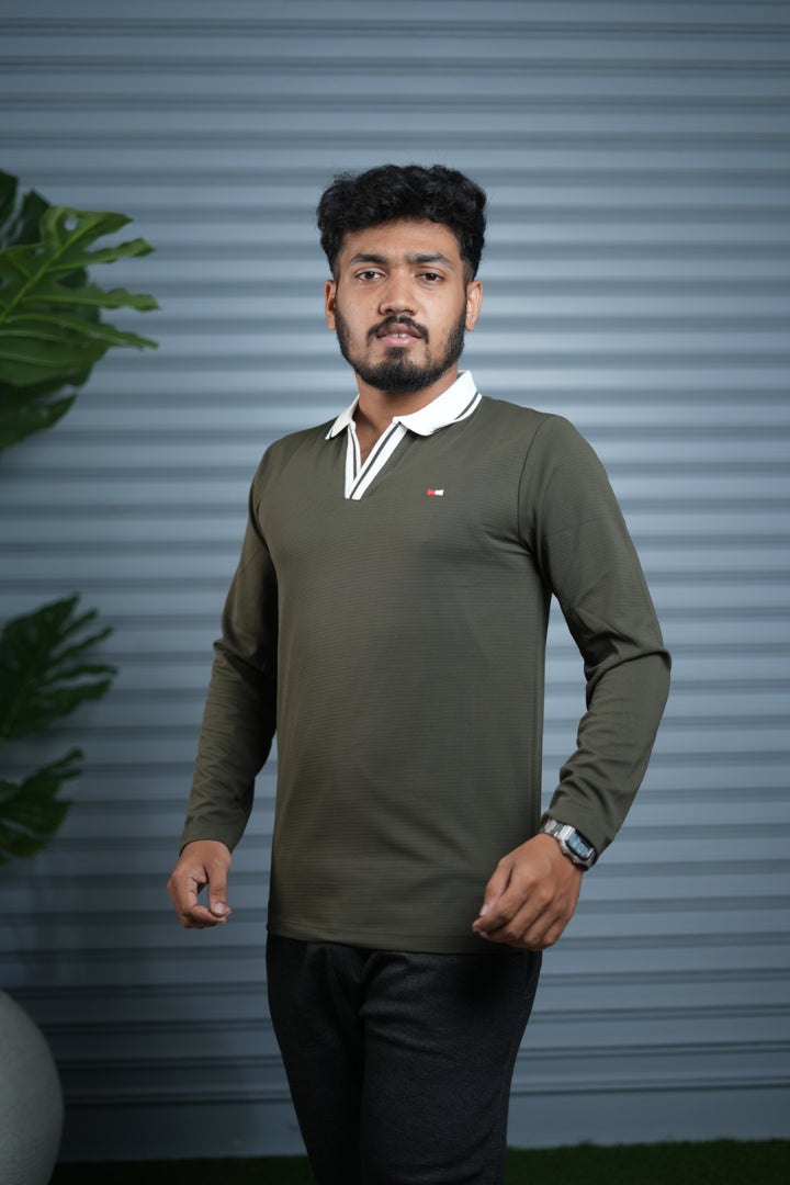 Long Sleeve Collar BORDER Neck Polo T-Shirt for Men | Trendy Casual Outfit - mehendi green