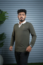 Long Sleeve Collar BORDER Neck Polo T-Shirt for Men | Trendy Casual Outfit - mehendi green