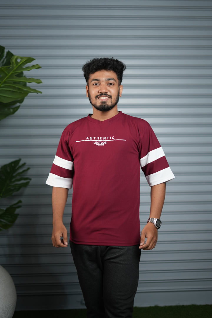 Men's Authentic Print Oversized T-Shirt | Drop Shoulder T-Shirt for Men - Maroon